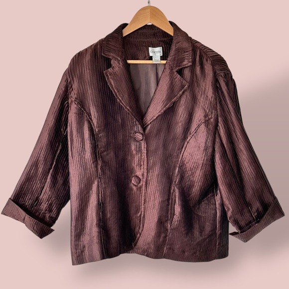 Chicos Brown‎ Light Crinkle Shiny Two Button Lined Blazer Jacket Size 2 US Large - Picture 2 of 8